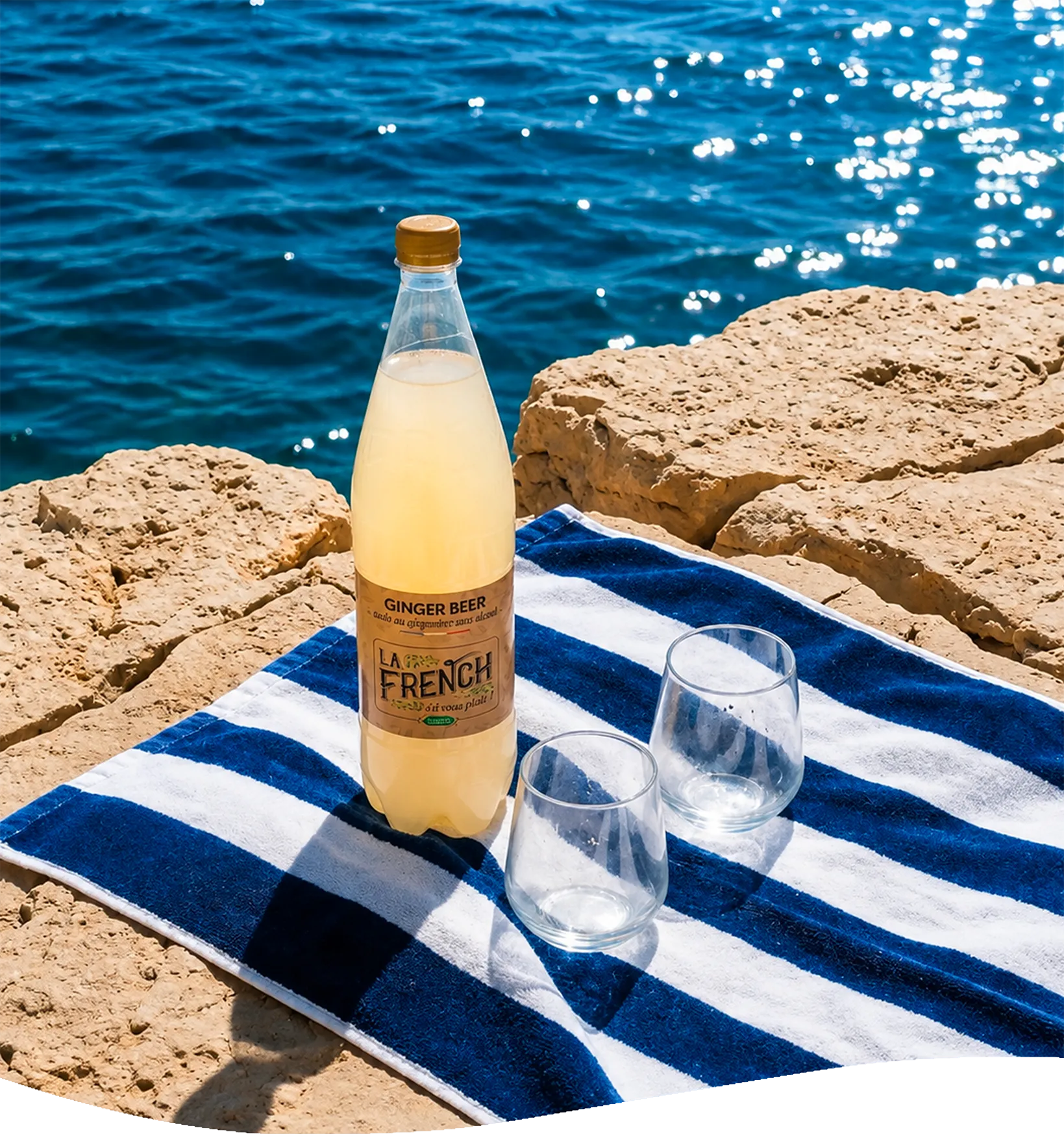 Bouteille de Ginger Beer La French et deux verres sur une serviette rayée, au bord de la mer